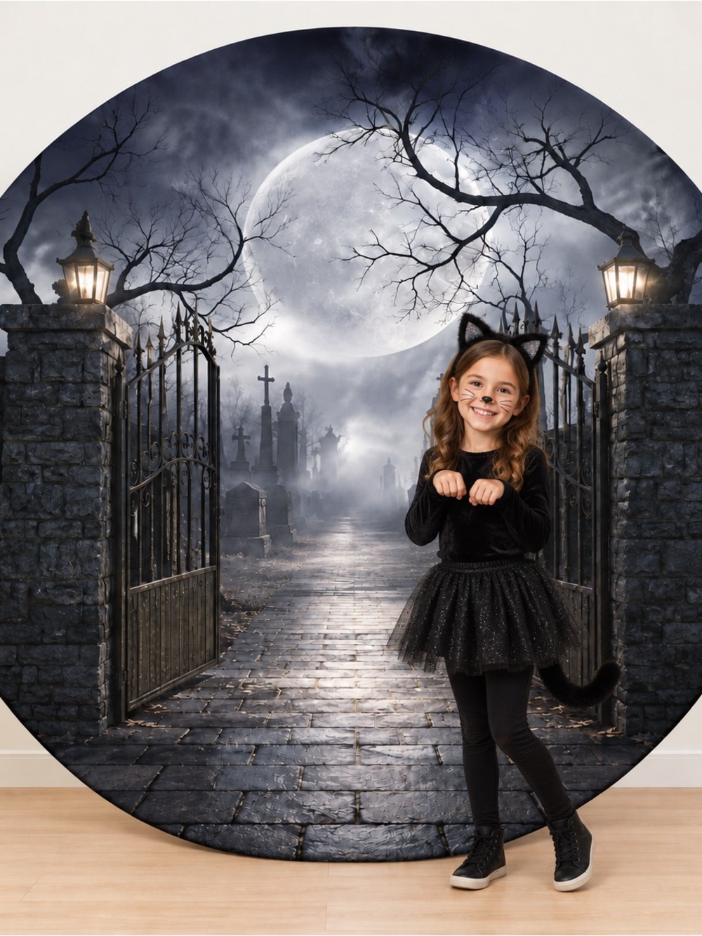 6 Ft Halloween Round Backdrop Cover Moonlit Cemetery Photo Booth NWT